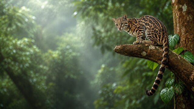 Margay on Tree Branch in Tropical Forest With Copy Space