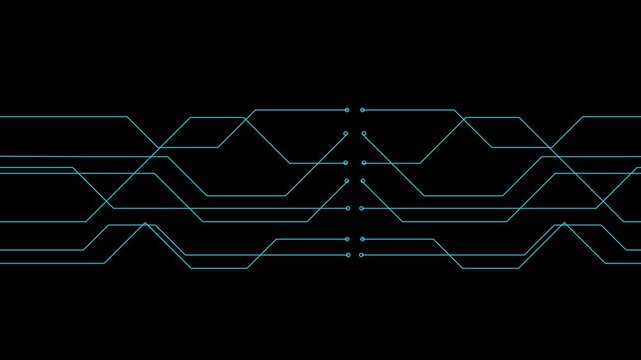 Abstract cyan circuit board lines on black background. Technology hardware symbol for digital computer processing core design. Animated circuit pattern.