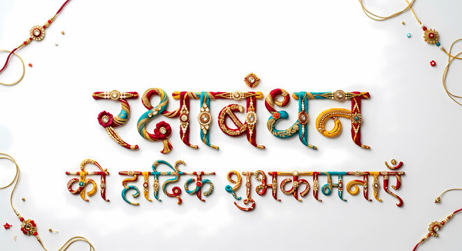 Happy Raksha bandhan hindi typography formed By colorful Rakhi threads on white background.