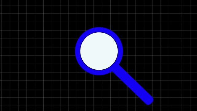Blue magnifying glass outline icon on black grid background. Web search discovery symbol for information lockup index query. Animated find graphic.