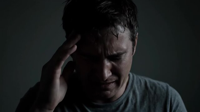 The man held his forehead with one hand and looked depressed, and the man had a headache and a painful expression