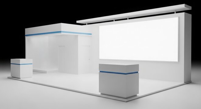 Modern minimalist white exhibition stand with blue accents and a large blank display screen, ideal for trade shows and corporate events in a studio setting.