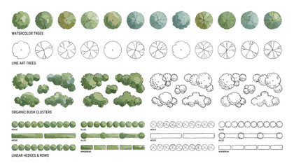 Naklejka premium Watercolor and line art trees plant icons and organic bush clusters hedge rows vector collection.