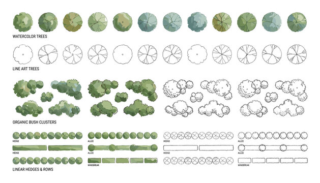 Watercolor and line art trees plant icons and organic bush clusters hedge rows vector collection.