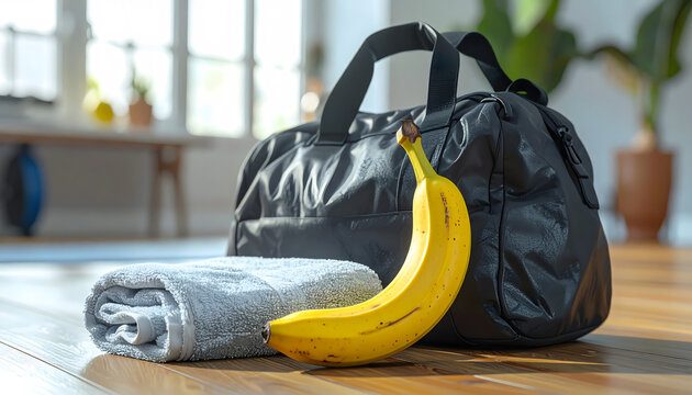 Banana beside gym bag and towel representing post workout nutrition fitness and healthy recovery