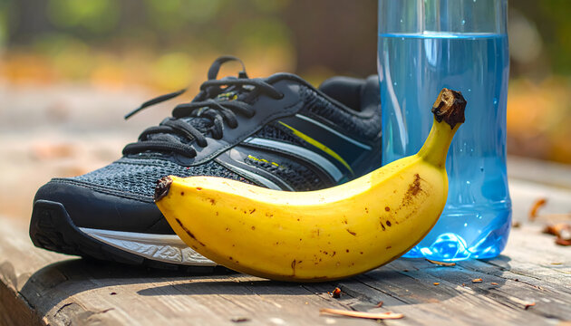 Banana with running shoes and water bottle sports nutrition fitness energy healthy lifestyle