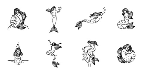 Fototapeta premium Mermaids in Various Poses and Activities Depicted in Black and White Vector Illustrations Featuring Mermaid, Fantasy, Mythical Creature