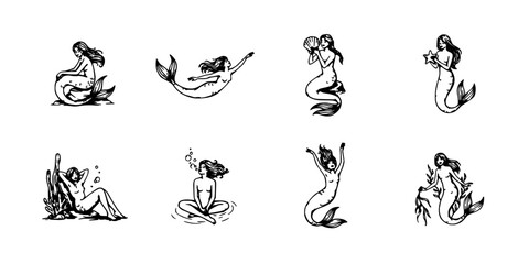 Fototapeta premium Mermaids in Various Poses Illustrated in Black and White Featuring Mermaid, Illustration, Vector with Fantasy and Mythical Elements for Underwater