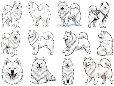 English Samoyed dog 12 profile poses bundle pack vector illustration