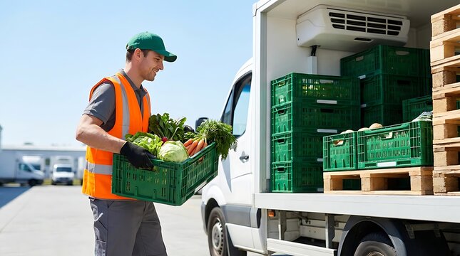 Man in safety vest loading fresh vegetables into refrigerated truck, food distribution and logistics business, fresh produce delivery and transportation.