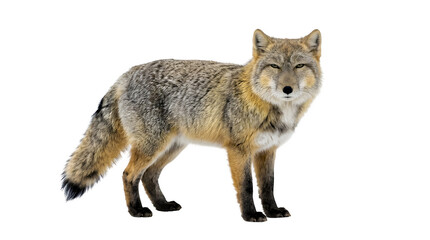 Obraz premium Corsac fox standing gracefully in a studio setting showing its thick grey and tan fur with sharp intelligent eyes looking directly at the camera lens against a solid white background.