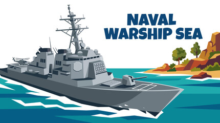 modern naval warship sailing cartoon on ocean landscape environment with military marine vessel scenery defense transportation and powerful maritime atmosphere © Ethan