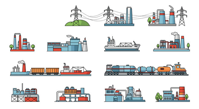 Comprehensive set of industrial factory buildings, power plants, cargo ships, and freight trains in a colorful flat line art graphic style.