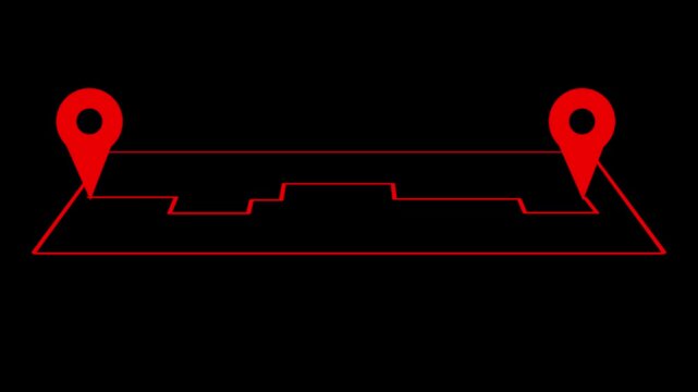 Red map pins marking start and end points on stylized map. Route tracker map symbol for transport logistics travel navigation. Animated transit graphic.