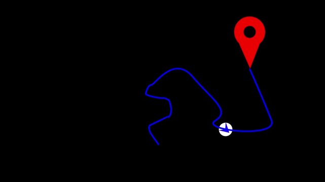 Red GPS location marker icon with blue routing path line on black. Map marker symbol for mobile phone tracking navigation guide. Animated transit graphic.