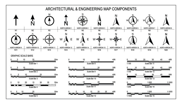 Architectural engineering map components north arrows graphic scale bars vector set transparent.