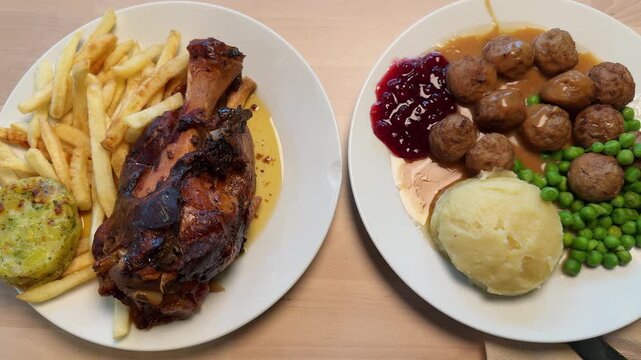Traditional hearty meal with roasted pork knuckle and crispy fries served alongside beef meatballs with creamy mashed potatoes, green peas, and rich savory sauce.