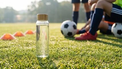 Naklejka premium Glass Water Bottle on Soccer Field with Players Training in the Blurred Background for water break design concept 