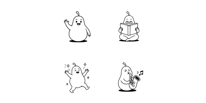 Pear Character Set in 2x2 Grid with Anthropomorphic Faces and Musical, Playful Doodle Style Icons Featuring Fruit Mascot, Cartoon, Dancing