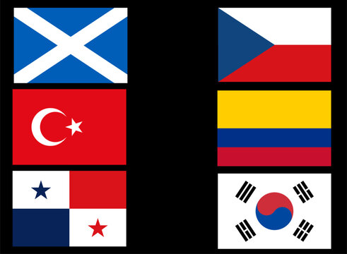 Collection of six national flags arranged in a grid layout over black background, featuring Scotland, Czechia, Turkey, Colombia, Panama and South Korea, international country flag set