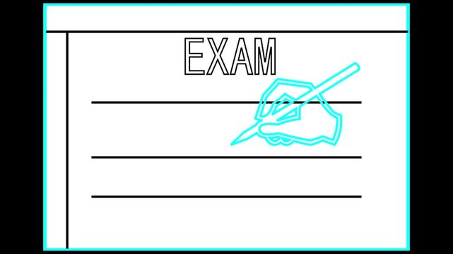 Handwriting style text font logo of word exam on paper page. Education testing sign symbol for school university assessment checklist. Animated neon sign.
