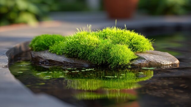 Bright green moss flourishes atop a dark stone island situated within still water.