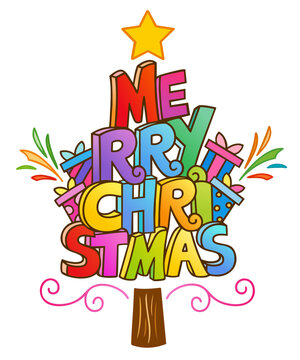 Merry Christmas lettering typography in shape of Christmas tree