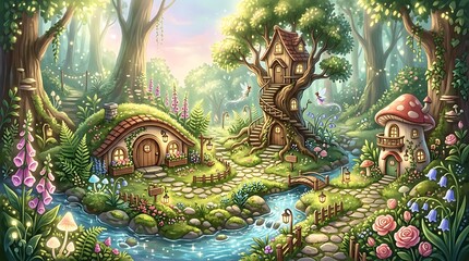 Obraz premium Whimsical fairy village in a magical forest with glowing lanterns