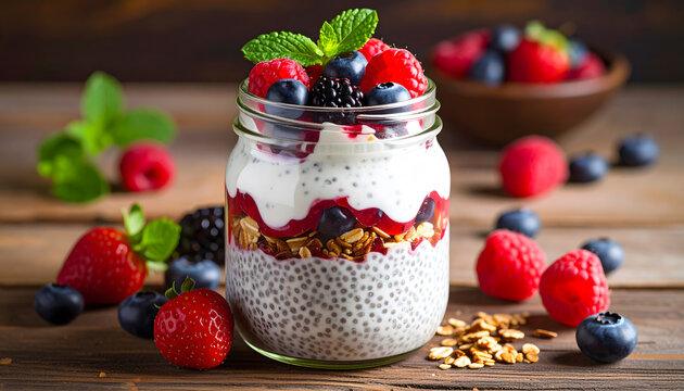 Chia pudding jar with berries healthy breakfast clean vegan dessert fresh nutritious snack
