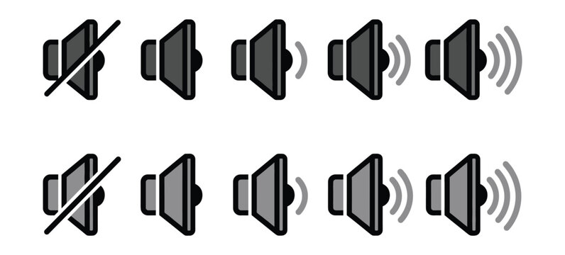 Speaker volume level icon collection. Audio speaker icons representing different sound volume levels