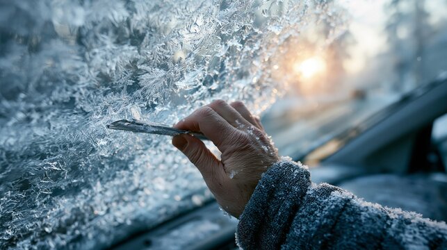 Human hand scraping thick white ice crystals from a frozen car windshield during a bright and cold winter morning sunrise
