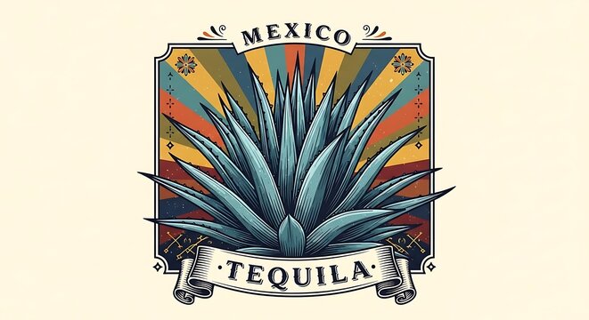 Vintage illustration of blue agave plant decorative banner with mexico and tequila text
