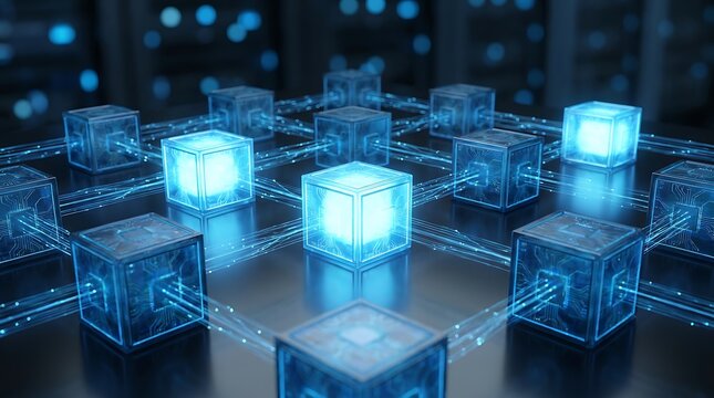 Abstract blockchain network of glowing neon cubes connected by luminous lines representing digital currency and cryptocurrency decentralized ledger technology innovation.