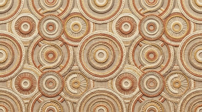 Woven concentric circles on natural linen background in earth tones