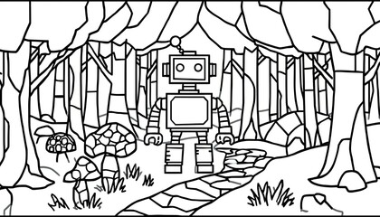 Naklejka premium Unplugged Coding & Mindfulness: Friendly Robot Stained Glass Coloring Adventures