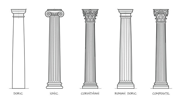 Set of five classic architectural columns in vector format doric ionic corinthian roman composite transparent background.