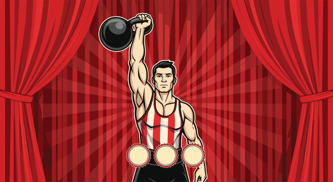 Strongman performer lifts a heavy kettlebell on a circus stage framed by red velvet curtains and a vintage sunburst background.