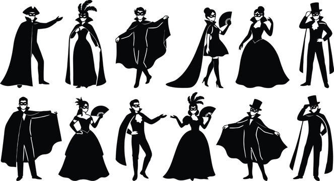 Elegant masquerade ball couple silhouettes dancing