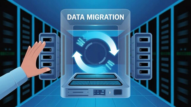 Data migration concept with a hand interacting with servers and a laptop in a futuristic server room with blue tones