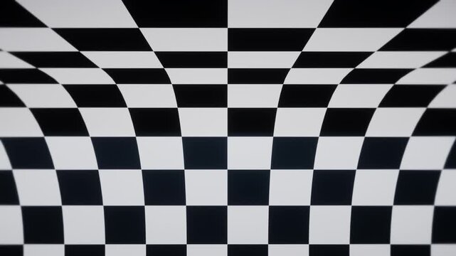 Black and white checkerboard pattern with wave distortion moving towards camera as a seamless loop animation, abstract warped grid background for broadcast, music video and creative content 16:9