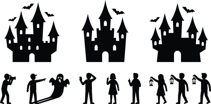 Halloween castles and kids trick or treating icons