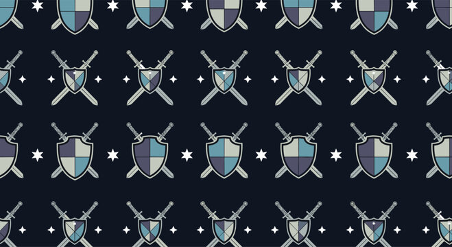 Heroic pattern of shields and crossed swords is set against a dark navy blue background with small white star accents for a knight theme.