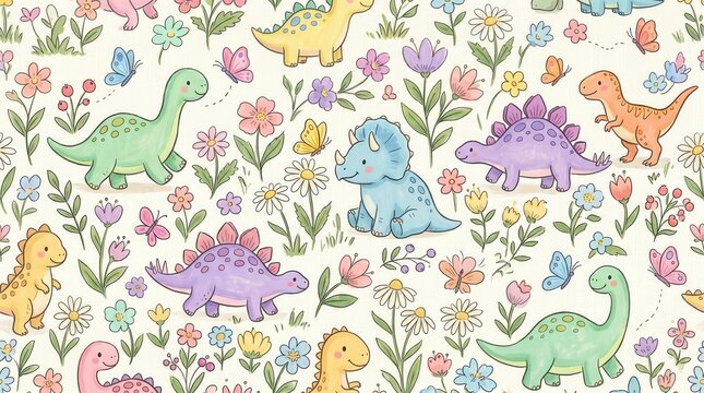 Adorable dinosaurs play with flowers and butterflies on a sunny day