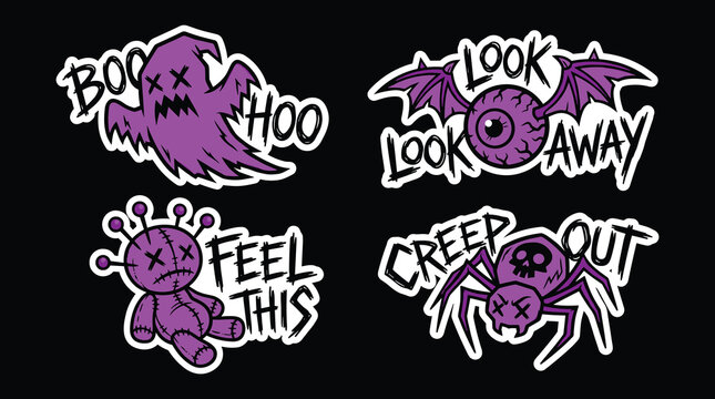 Four purple halloween sticker featuring a ghost, winged eyeball, voodoo doll, and spider with hand-drawn style text on a black background