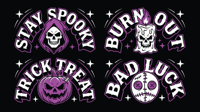 Set of four spooky halloween themed stickers featuring a grim reaper, melting skull candle, jack o lantern, and voodoo doll with text on a black background