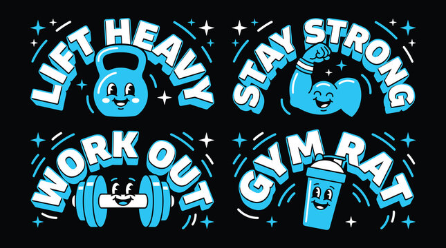 Set of four blue gym themed stickers featuring a kettlebell, flexing arm, dumbbell, and protein shaker with text on a black background