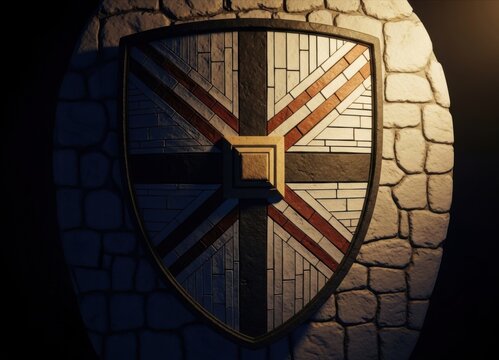 Medieval Knight Shield Mounted on Ancient Stone Wall for Historical Security, Heritage, and Brand Protection Concept