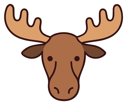 Brown moose head with large antlers. Cartoon moose head with large antlers and brown face