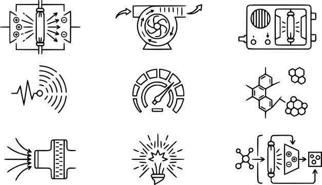 HVAC, Air Quality, and Environmental Technology Outline Icons Set. Black and White Line Art Symbols for Filtration, Purification, and Industrial Processes.