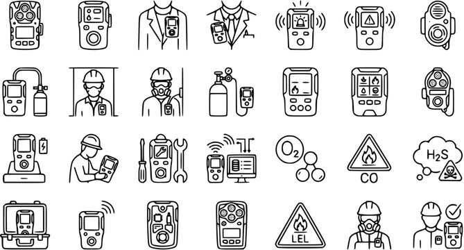 Gas Detector and Industrial Safety Line Art Icons Set. Black  White Outline Pictograms for Occupational Health, Environmental Monitoring, and Hazard Detection.